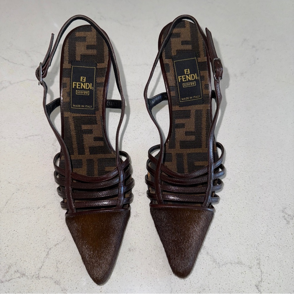 Vintage Fendi Brown pony hair pointed Slingback Heels / Made in Italy / Size 5.5